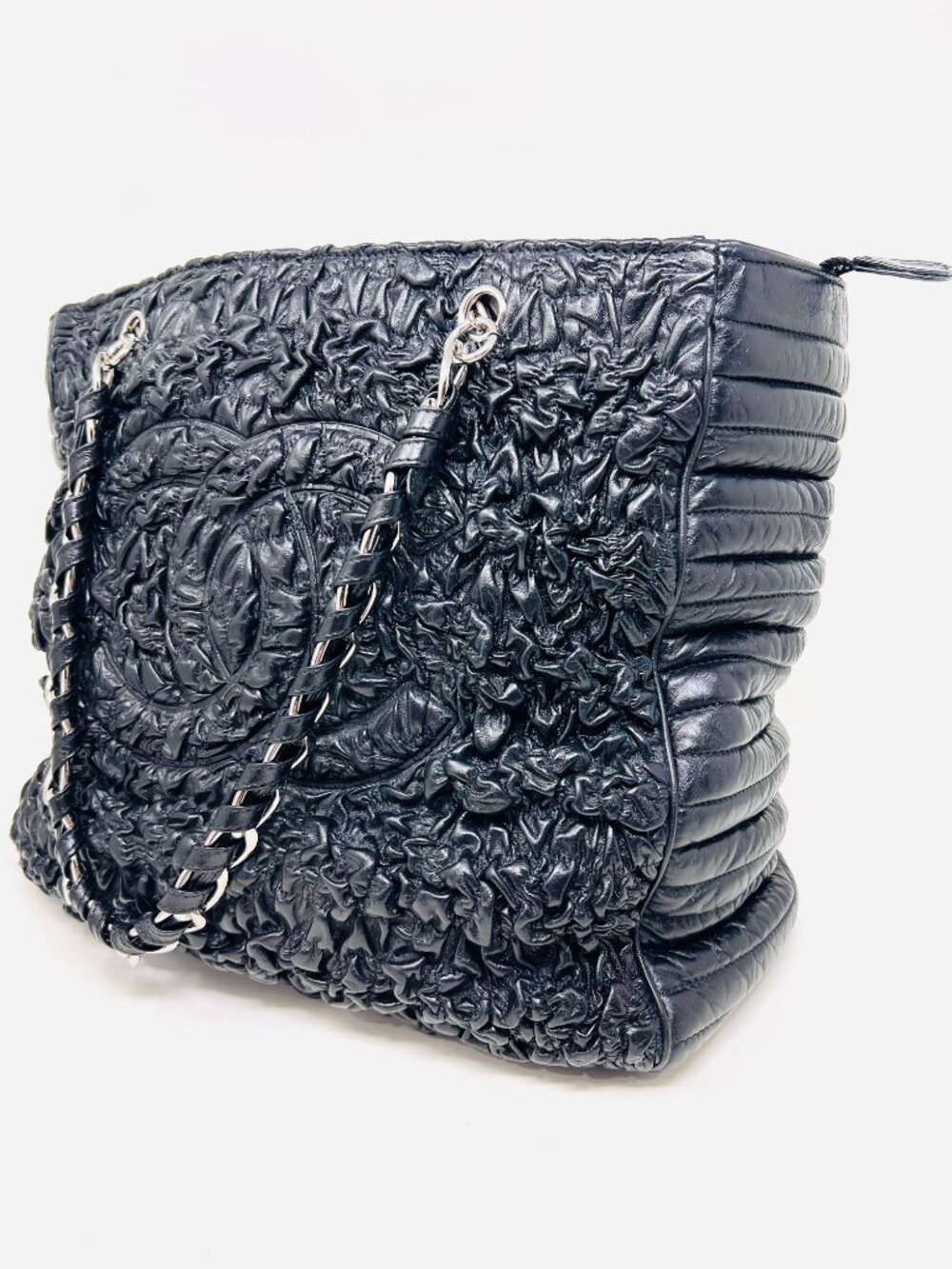 CHANEL Soft Large Tote Black Lambskin Leather Ruched CC Chain Shoulder Bag